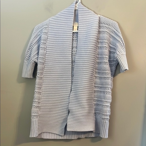 LOFT Light Blue Short Sleeve Cable Knit Ribbed Front Open Cardigan Size M - Picture 1 of 11